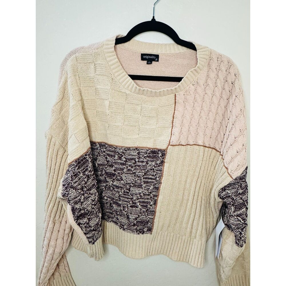 Originality Patchwork Cable Knit Sweater Large Cream Blush Colorblock NWT 0057